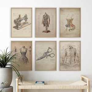 May include: Six framed vintage-style prints featuring sewing-related illustrations. The prints include a sewing machine, a tailor's form, a corset, scissors, and a shirt, all in sepia tones, creating a classic aesthetic.
