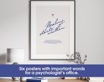 May include: A framed poster with the words "Healing starts within" in blue script. The poster also features a blue Psi symbol and additional text. The poster is displayed on a white wall above a wooden desk.