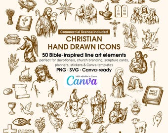 Christian Line Art Icons | Bible Sketch Illustrations (SVG PNG)