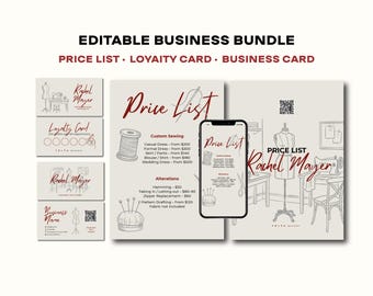 Sewing Business Bundle: Price List, Loyalty & Business Card Templates (Canva Editable, Digital Download