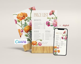 Plantilla de lista de precios de flores: Diseño editable en Canva para floristas (descarga digital)