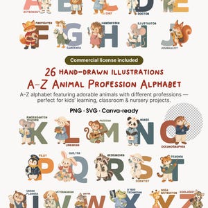 May include: A digital alphabet collection featuring 26 hand-drawn animal illustrations, each paired with a letter and a specific profession. The graphic includes text labels for each animal role from A to Z, such as astronaut, baker, and zoologist.