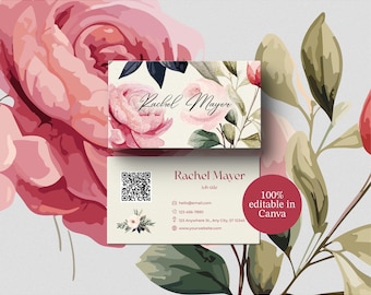 QR Code Business Card| Business Card Template | Business Card With Flowers | Canva Business Card Template | Double Sided Business Card