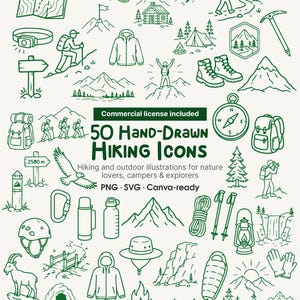 May include: A collection of 50 green hand-drawn hiking icons featuring outdoor gear, mountain landscapes, and camping equipment. The text reads: Commercial license included, 50 Hand-Drawn Hiking Icons, Hiking and outdoor illustrations for nature lovers, campers & explorers, PNG, SVG, Canva-ready.