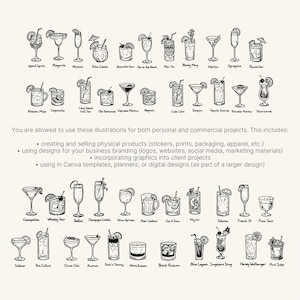 Black and white version of cocktail illustration bundle featuring 44 drink icons in hand drawn style. Includes drinks like Cosmopolitan, Mojito, Whiskey Sour, French 75 and more. Vintage sketch aesthetic ideal for menus, posters, packaging and restaurant branding. High quality vector clipart set for commercial and personal use.