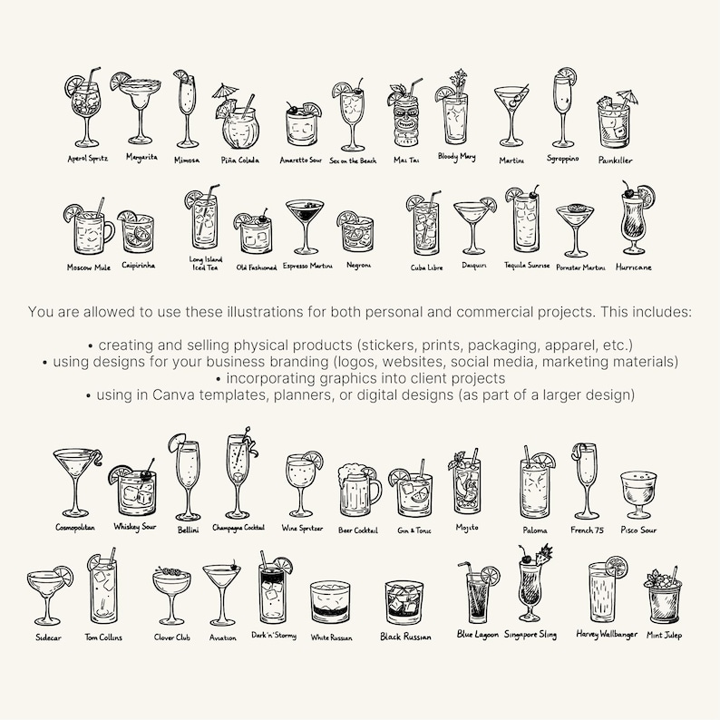 Black and white version of cocktail illustration bundle featuring 44 drink icons in hand drawn style. Includes drinks like Cosmopolitan, Mojito, Whiskey Sour, French 75 and more. Vintage sketch aesthetic ideal for menus, posters, packaging and restaurant branding. High quality vector clipart set for commercial and personal use.