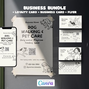 Puede incluir: Un paquete de negocios para servicios de paseo de perros y cuidado de mascotas. Incluye un folleto, una tarjeta de visita y una tarjeta de fidelización. El diseño presenta ilustraciones de perros y incluye información de contacto y el texto "DOG WALKING & PET CARE".