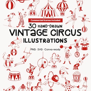 May include: A collection of 30 red hand-drawn vintage circus illustrations featuring performers, animals, and equipment. The text reads 30 HAND-DRAWN VINTAGE CIRCUS ILLUSTRATIONS, Commercial license included, and PNG SVG Canva-ready on a white background.