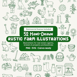 Puede incluir: Una colección de 52 ilustraciones de granja dibujadas a mano en color verde, incluyendo animales, cultivos, herramientas y edificios. El texto central dice: Commercial license included, 52 Hand-Drawn RUSTIC FARM ILLUSTRATIONS, illustrations for real estate agents, brokers & property professionals, PNG, SVG, Canva-ready.