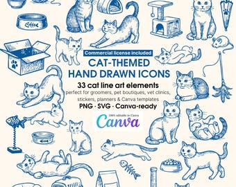 Puede incluir: Colección de iconos dibujados a mano con temática de gatos en azul sobre un fondo crema. Las ilustraciones incluyen gatos, juguetes para gatos, cuencos de comida, un transportín para gatos y texto que dice "CAT-THEMED HAND DRAWN ICONS" y "Canva".