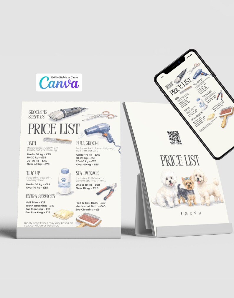 Editable Dog Grooming Price List Template, Watercolor Pet Salon Menu ...