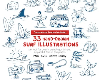 33 Hand-Drawn Surf Illustrations | Beach Line Art Icons (SVG, PNG)