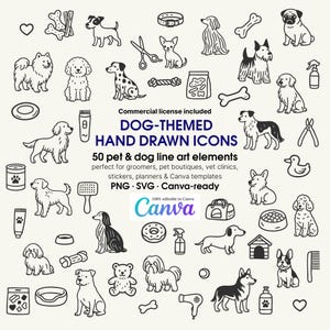 Op de afbeelding: Een verzameling handgetekende honden-thema-iconen in zwart en wit. De afbeelding bevat verschillende hondenrassen, verzorgingsgereedschap en huisdiergerelateerde items. De tekst luidt "DOG-THEMED HAND DRAWN ICONS" en "50 pet & dog line art elements".