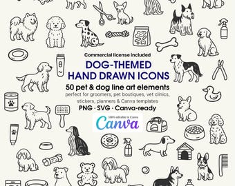 Dog Breed Line Art Icons | Pet Grooming Clipart (PNG, SVG, Canva)