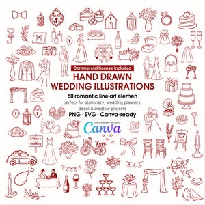 May include: A collection of hand-drawn wedding illustrations in a minimalist style. The image features various elements such as wedding cakes, couples, rings, and floral arrangements. Text includes "HAND DRAWN WEDDING ILLUSTRATIONS" and "Canva".