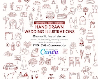 May include: A collection of hand-drawn wedding illustrations in a minimalist style. The image features various elements such as wedding cakes, couples, rings, and floral arrangements. Text includes "HAND DRAWN WEDDING ILLUSTRATIONS" and "Canva".