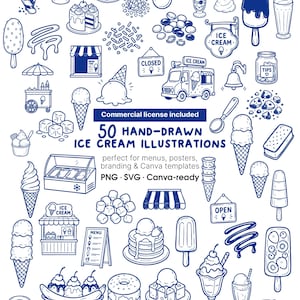 May include: A collection of 50 hand-drawn ice cream illustrations in blue and white. The image includes various ice cream treats like cones, sundaes, popsicles, and ice cream trucks. Text includes "Commercial license included" and "50 HAND-DRAWN ICE CREAM ILLUSTRATIONS".