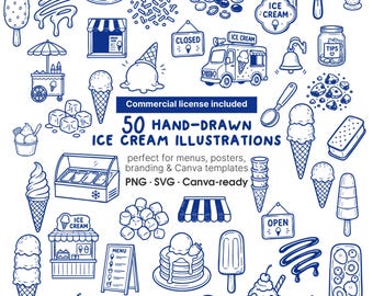 50 handritade glassillustrationer, dessertclipart, kommersiellt bruk PNG SVG