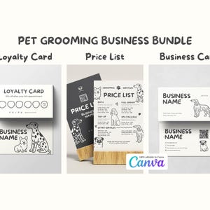 Pacote de Negócios para Tosa de Animais de Estimação – Modelos Editáveis do Canva – Lista de Preços, Cartão Fidelidade e Cartão de Visita para Salão de Beleza – Kit para Tosa de Cães para Imprimir