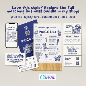 May include: A business bundle for a pet grooming service, featuring a price list, loyalty cards, business cards, and gift certificates. The design includes illustrations of dogs and the text "Grooming Services". The color scheme is navy blue and white.