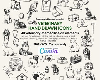 May include: A collection of 40 hand-drawn veterinary-themed line art icons, including images of pets, medical tools, and clinic-related symbols. The text reads "VETERINARY HAND DRAWN ICONS" and "Canva templates".