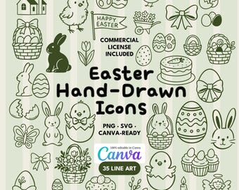 Easter Line Art Icons | 35 Hand-Drawn Christian Clipart | Egg Bunny Basket SVG PNG | Editable in Canva