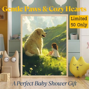 Großer Retriever und Kind Wandkunst, Babypartygeschenk, Kinderzimmer Digitaler Download, Hund und Kind druckbares Poster