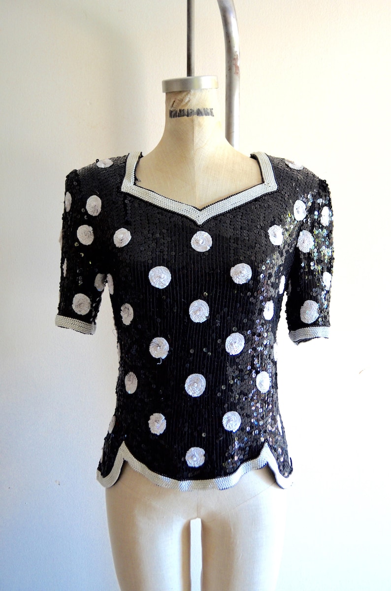 POLKA DOT SEQUINED Scalloped Top Blouse Pearl Beaded Wedding Silk Street Style
