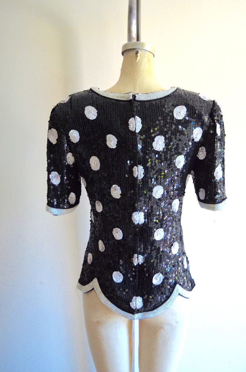 POLKA DOT SEQUINED Scalloped Top Blouse Pearl Beaded Wedding Silk Street Style