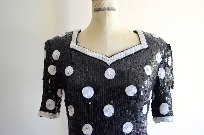 POLKA DOT SEQUINED Scalloped Top Blouse Pearl Beaded Wedding Silk Street Style