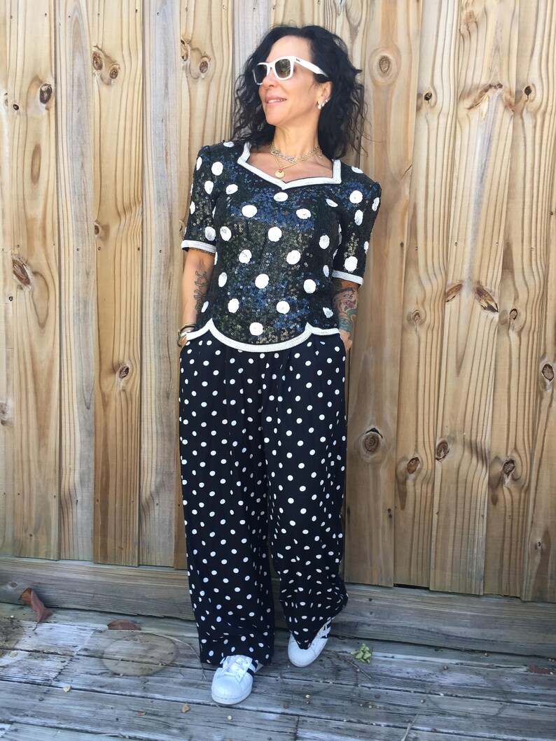 POLKA DOT SEQUINED Scalloped Top Blouse Pearl Beaded Wedding Silk Street Style