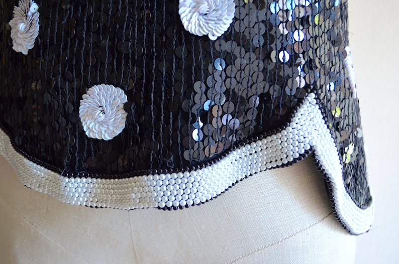 POLKA DOT SEQUINED Scalloped Top Blouse Pearl Beaded Wedding Silk Street Style