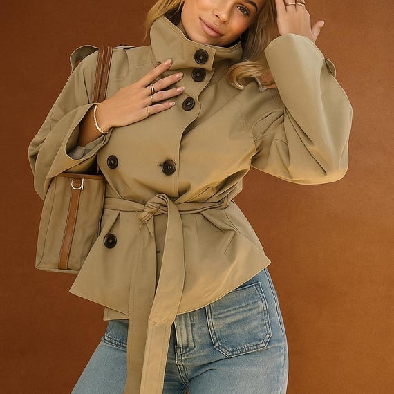 Cropped Belted Double-breasted Trench Coat • Stand Collar • Autumn