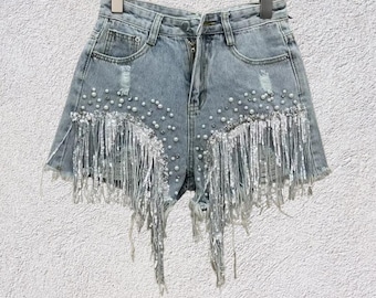 Elegant Women’s Spring/Summer High-Waist Tassel Beaded Denim Shorts, Wide-Leg Design, Casual Streetwear for a Stylish, Comfortable Look