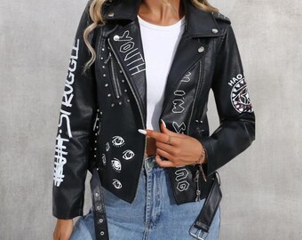 Women’s Faux PU Leather Jacket with Lapel, Zipper, Graffiti Print, Rivet Detail, Casual Moto Bike Leather Coat for Stylish Outwear