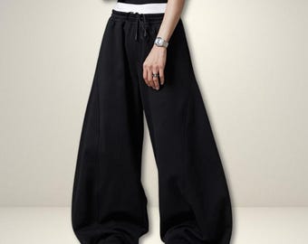 Autumn Black Flowy Baggy Wide Leg Pants for Mens with Drawstring Elastic Waist Streetwear Loose Casual Soft Trousers