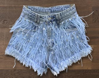 Summer Tassel Denim Shorts with Inlaid Diamonds, Light Blue Wash, Women&#39;s Streetwear Fashion, Casual for Summer Style and Comfort