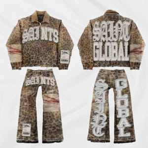 Conjunto de chaqueta y pantalón de camuflaje de leopardo vintage - Traje vaquero extragrande Y2K con bordado de letras para hombre y mujer