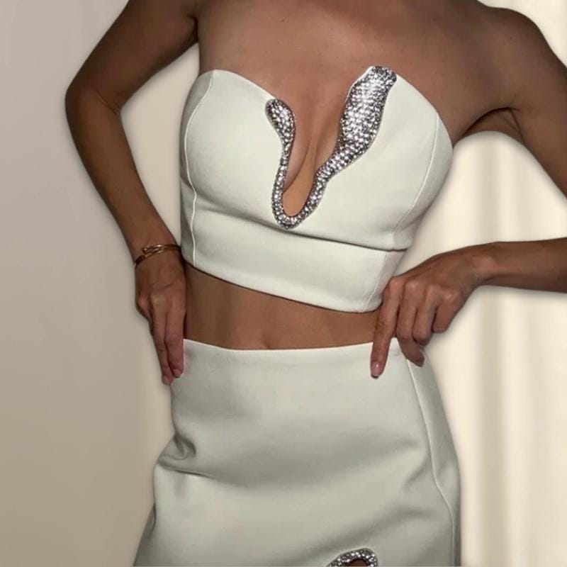 Rhinestone Strapless Skirt Set, Sexy Asymmetric Crop Top and Mini Skirt, Sleeveless Solid Summer Outfit, Women's Elegant Party Set
