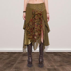 Retro Irregular Midi Skirt for Women – Mesh Print, Lace and Velvet Patchwork, Grunge Fairycore Aesthetic Design