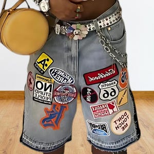 Shorts vaqueros retro americanos – Bordados de dibujos animados estilo hip hop Harajuku Y2K, shorts holgados de baloncesto de cintura baja