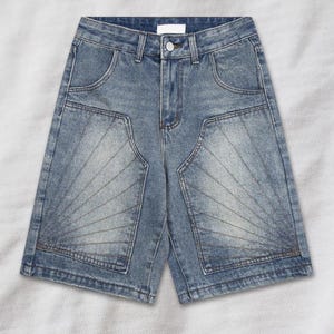 Sydneymode Vintage Washed Y2K Jorts for Women, Streetwear-Inspired Baggy Blue Denim Shorts, Oversized Harajuku Aesthetic, Knee-Length Jeans