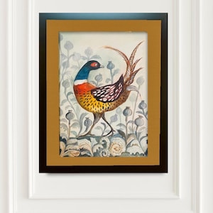 Dipinto originale ad acquerello di dimensioni circa A3 (30/42 cm), raffigurante un uccello fagiano circondato da papaveri e felci