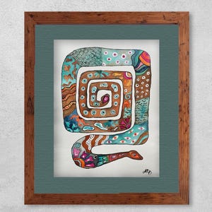 Serpent Cycle. Original Watercolor Snake Painting: Abstract Botanical Art, Rust & Turquoise