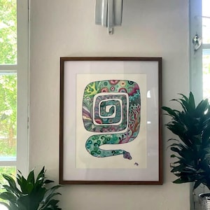 Dipinto originale ad acquerello e inchiostro dipinto a mano in formato A3 (30/42 cm) raffigurante una silhouette astratta di un serpente colorato