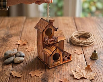 Grillig Fairy Garden-vogelhuisje | Rustiek houten kolibriehuis | Meerlaags hangend vogelhuisje | Cottagecore-buitendecoratie | Terraskunst