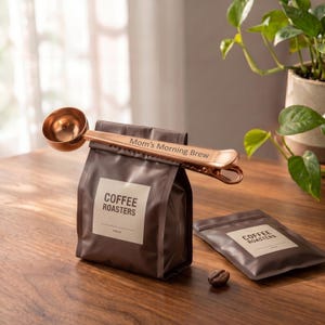 Könnte beinhalten: Ein kupferfarbener Kaffeelöffel aus Metall mit integriertem Beutelclip, der den eingravierten Text "Mom's Morning Brew" auf dem Griff trägt. Der Löffel ist an einer braunen Kaffeetüte mit der Aufschrift "COFFEE ROASTERS" befestigt, daneben liegt eine kleinere.