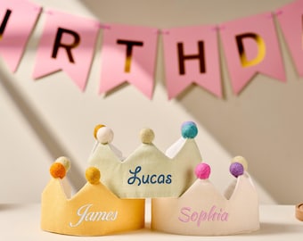 Hand Embroidered Linen Crown for Kids and Children's Birthdays, Personalized Gifts, Keepsake for First Birthday Party and Special Occasions