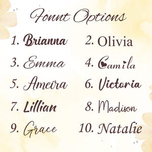 May include: A watercolor-style image with a soft yellow background and floral accents. The text "Font Options" is at the top, followed by a list of ten names in a decorative font, numbered one through ten. The names include Brianna, Olivia, Emma, Camila, Ameira, Victoria, Lillian, Madison, Grace, and Natalie.