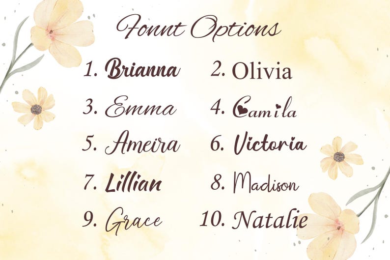 May include: A watercolor-style image with a soft yellow background and floral accents. The text "Font Options" is at the top, followed by a list of ten names in a decorative font, numbered one through ten. The names include Brianna, Olivia, Emma, Camila, Ameira, Victoria, Lillian, Madison, Grace, and Natalie.